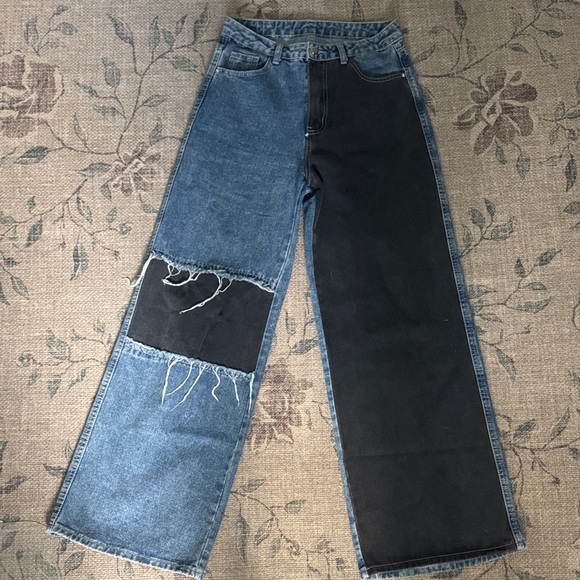 Two-Tone Denim and Black Patchwork Jeans - Picture 1 of 2